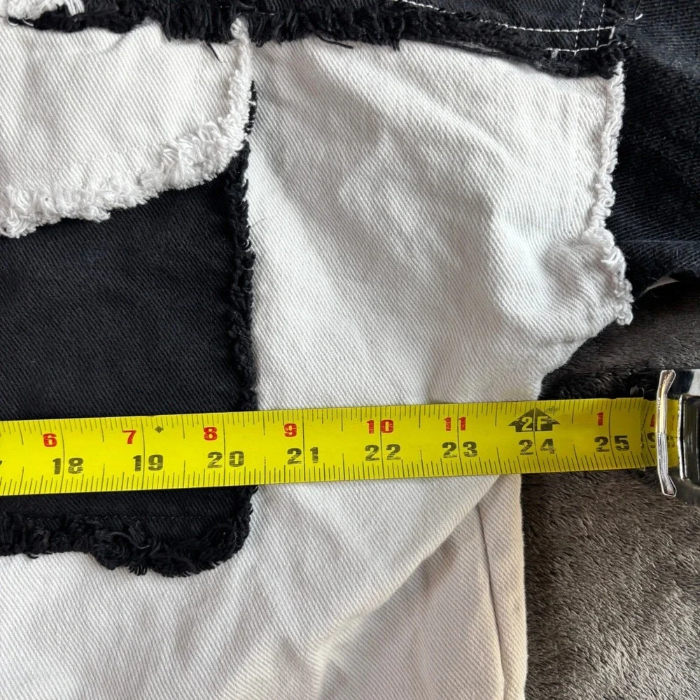 Black White‎ Fringed Patchwork Denim Grunge Jacket Raw Hem Shacket Size M